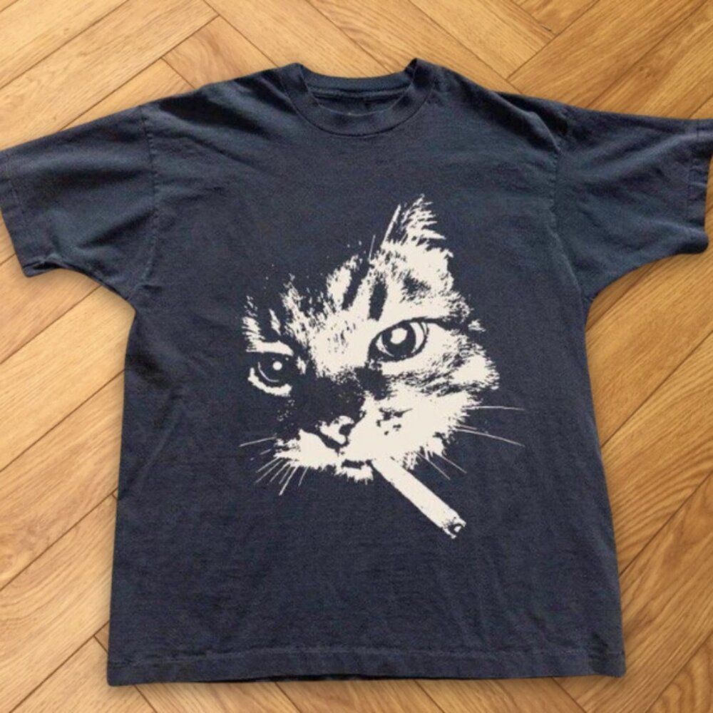 Black - Funny Smoking Cat Graphic T-Shirt Black Unisex Meme Cat Cotton Tee